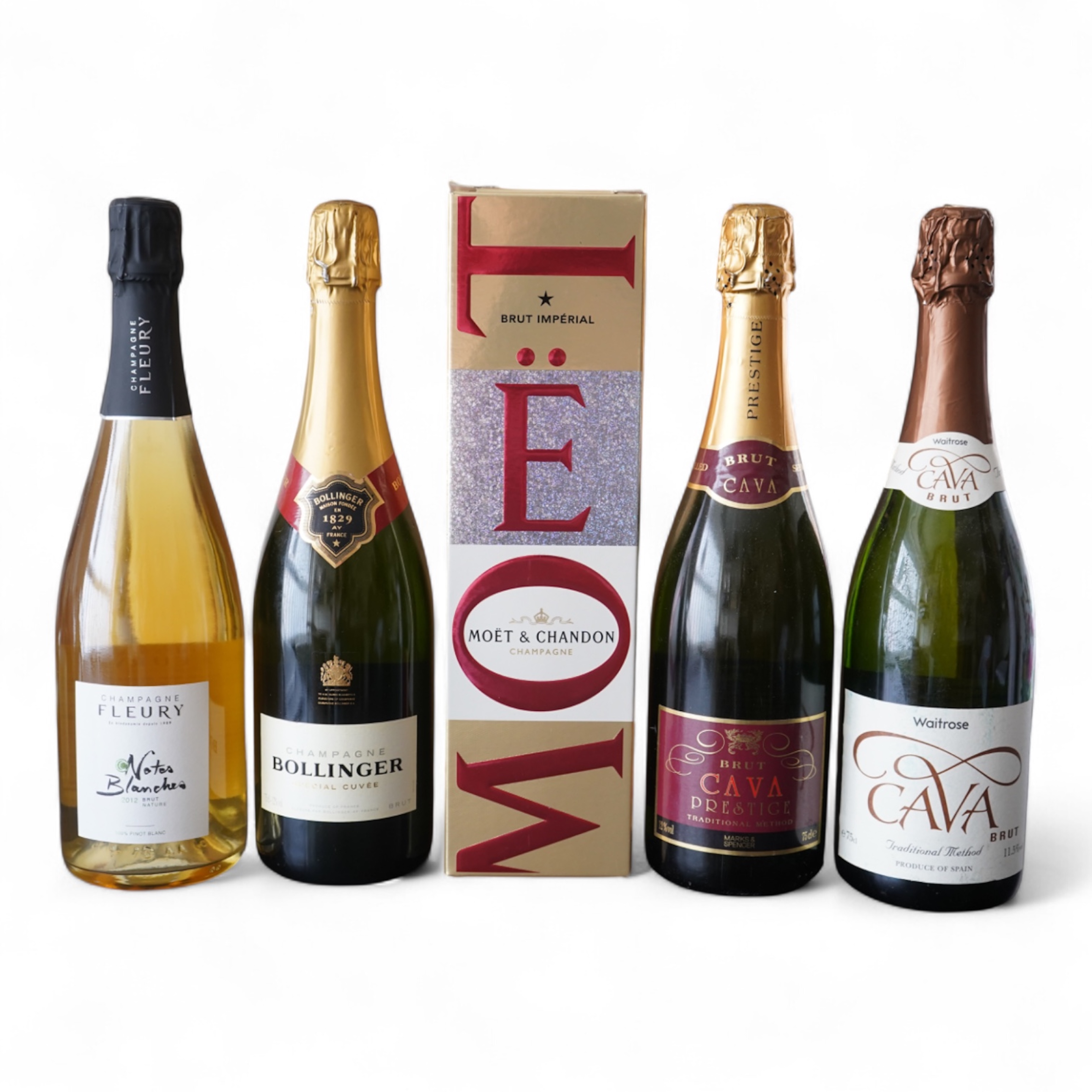 Three bottles of Nicolas Feuillatte Cuvée Spéciale Champagne, four bottles of Bollinger Special Cuvee Champagne, a bottle of Moet, three bottles of Cava and one other (11)